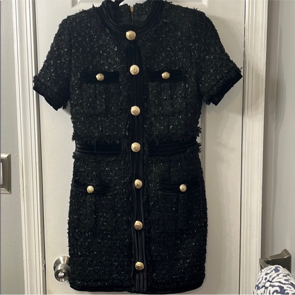 Chic Black Tweed Dress with Gold Buttons